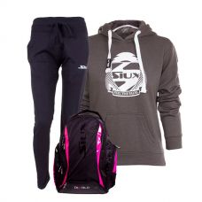 PACK SIUX MOCHILA DIABLO FUCSIA PANTALON AZUL Y SUDADERA BELICE MUJER GRIS